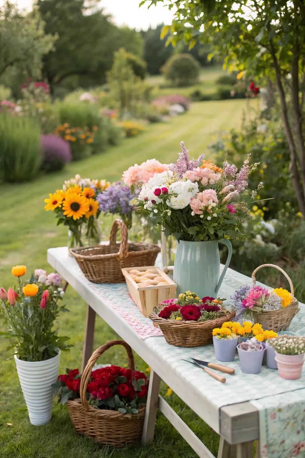A flower bar invites guests to craft their own beautiful bouquets.