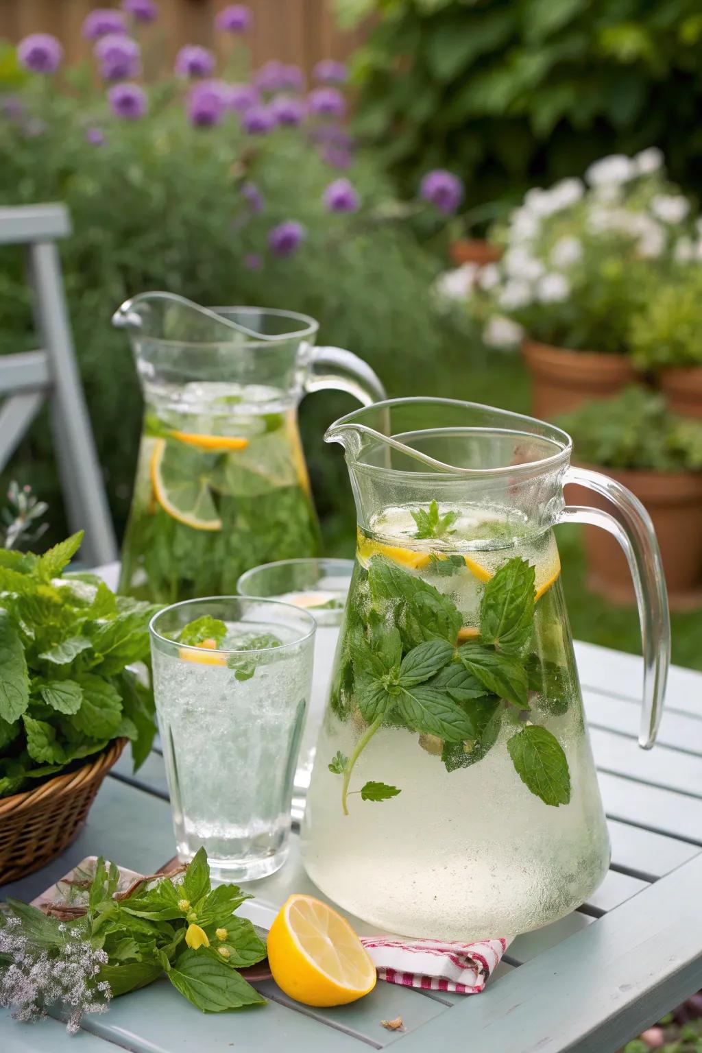 Herb-infused waters offer refreshing hydration.