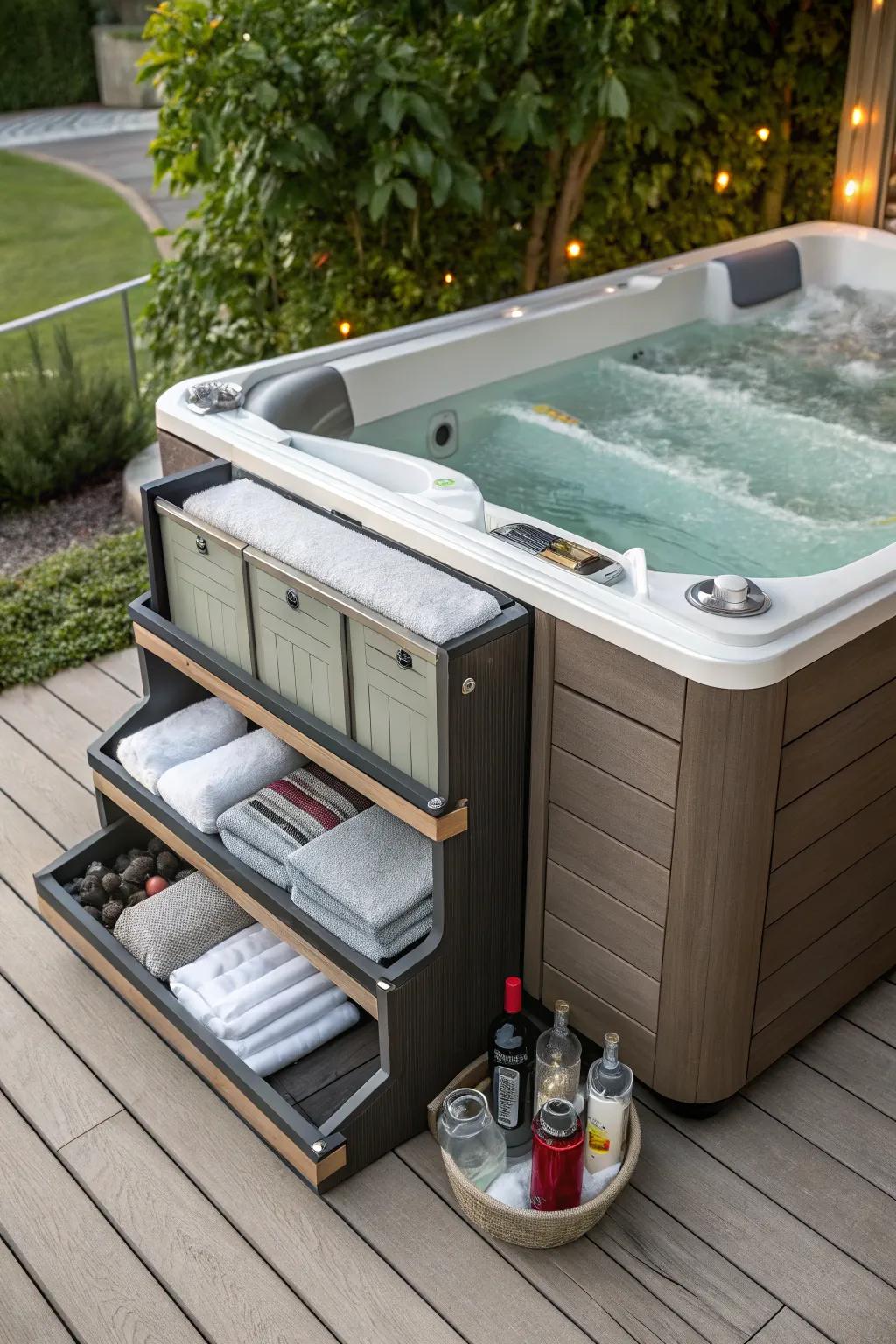 Keep your hot tub area organized with built-in storage solutions.