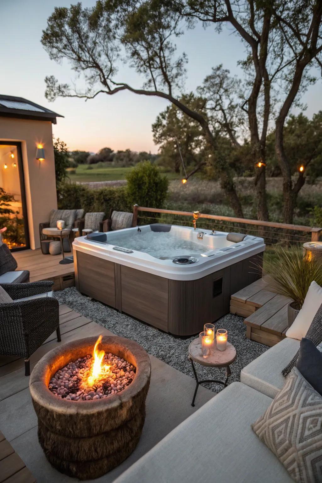 Enhance your hot tub area with the warmth of a fire pit.