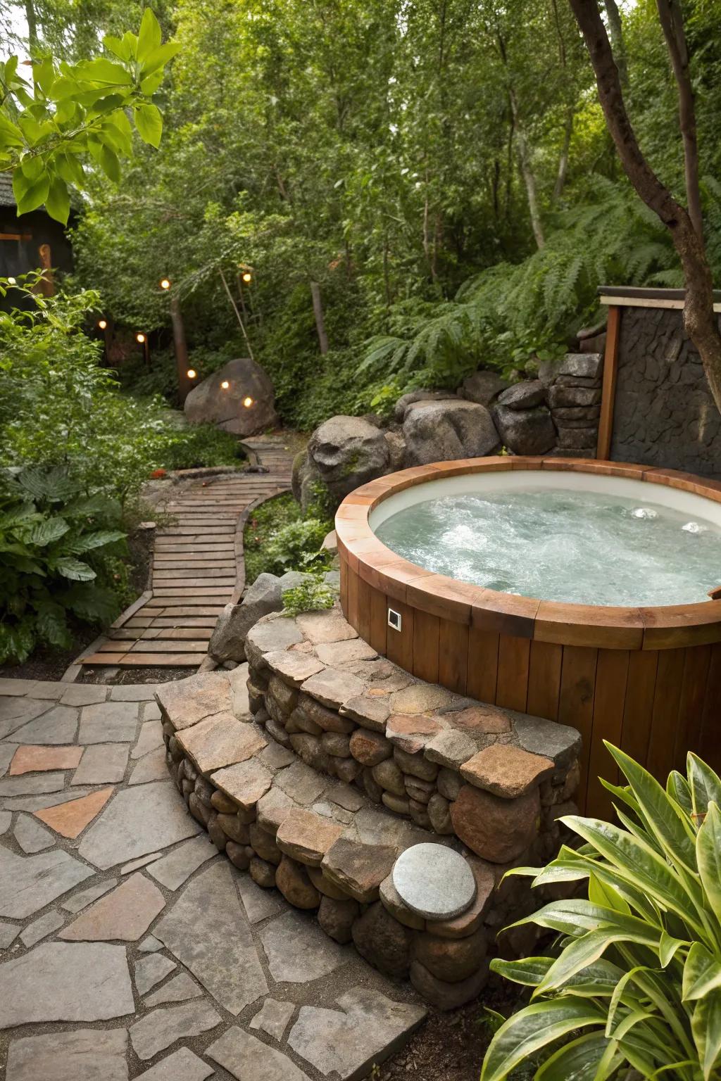 Create a natural oasis by integrating your hot tub with stones and greenery.