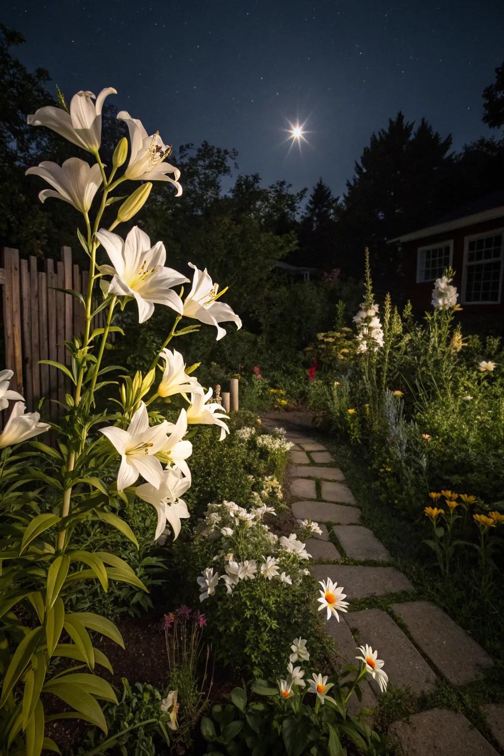 A serene night garden with glowing moonlight blooms.