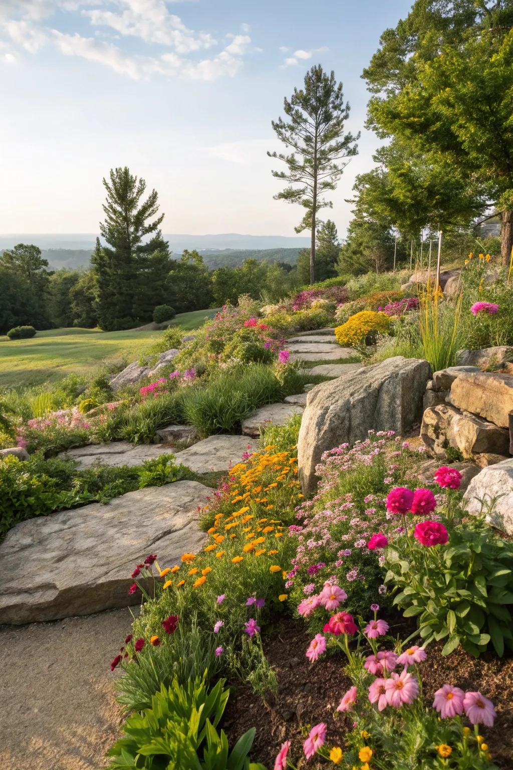 Rocks adding texture and interest to a lush flower garden.