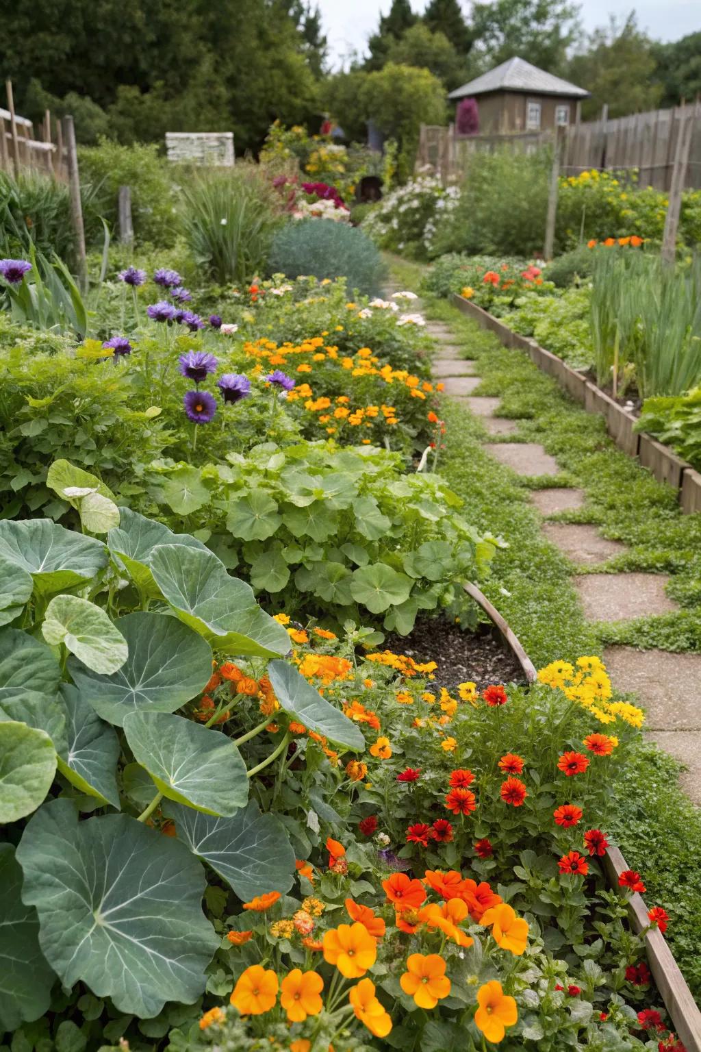 A garden featuring edible flowers like nasturtiums and pansies.