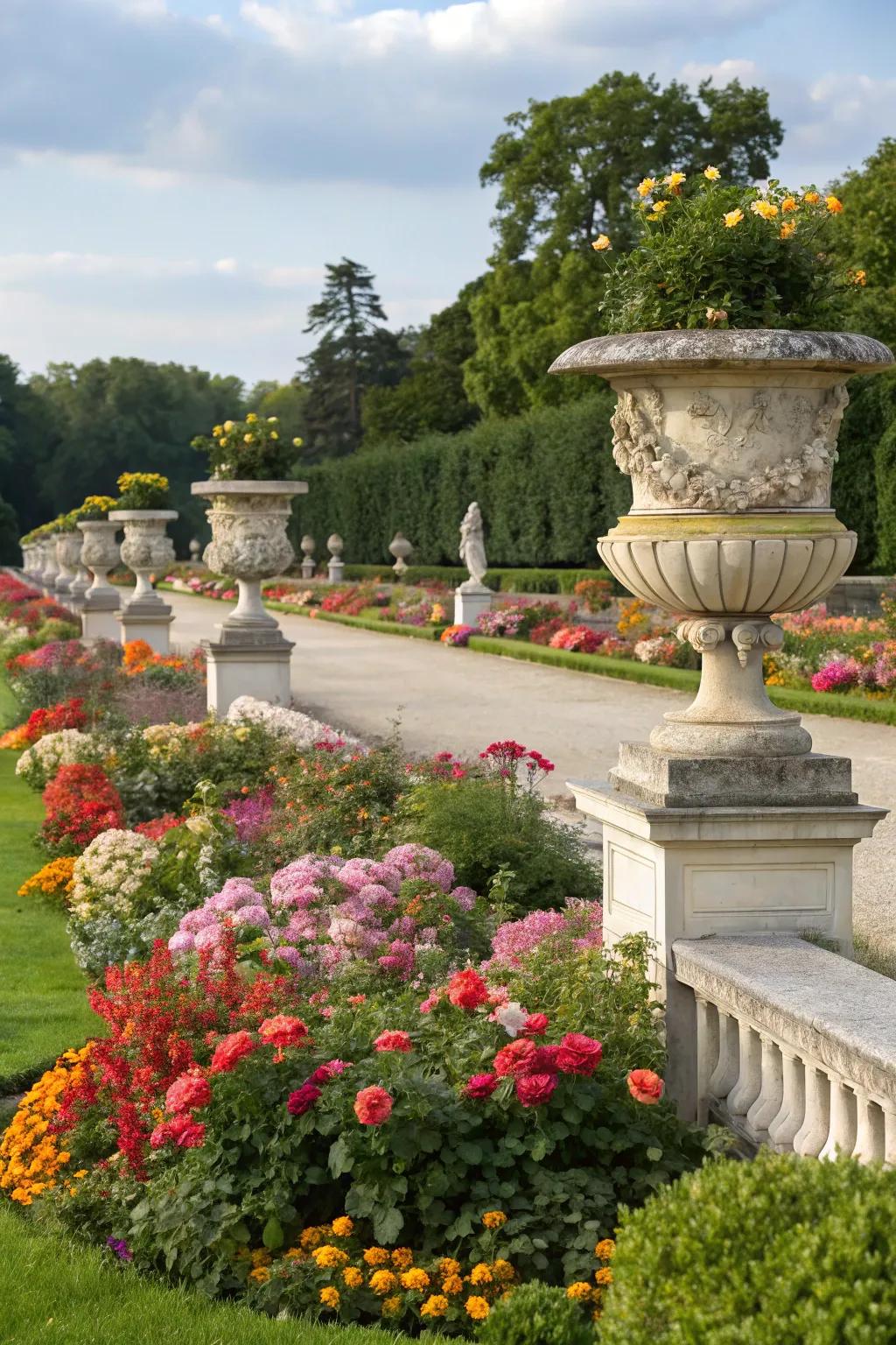 Accent features like urns and sculptures enhancing a flower garden.