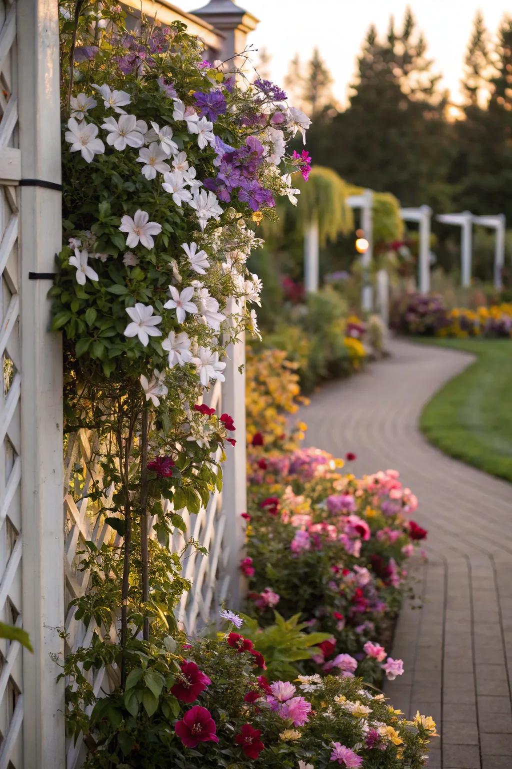 A trellis adorned with climbing clematis in a vibrant garden.