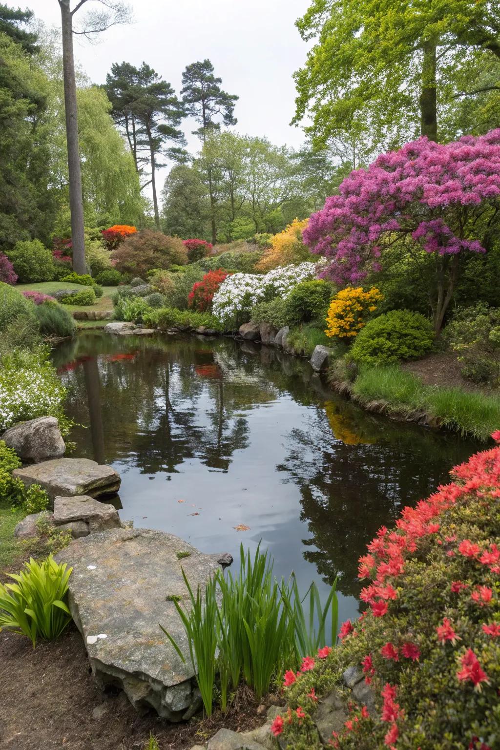 A tranquil garden pond surrounded by vibrant blooms.