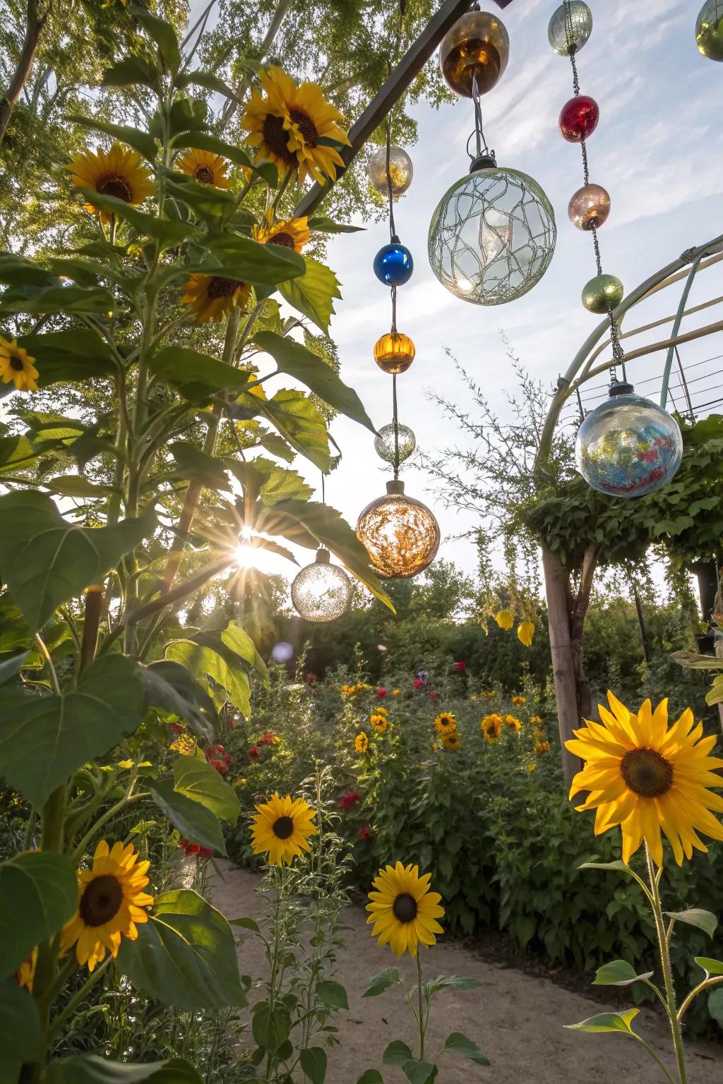 A sun catcher garden with sun-loving flowers and reflective glass.