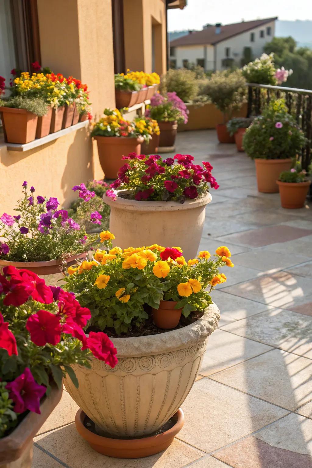 A vibrant container garden with colorful blooms on a patio.