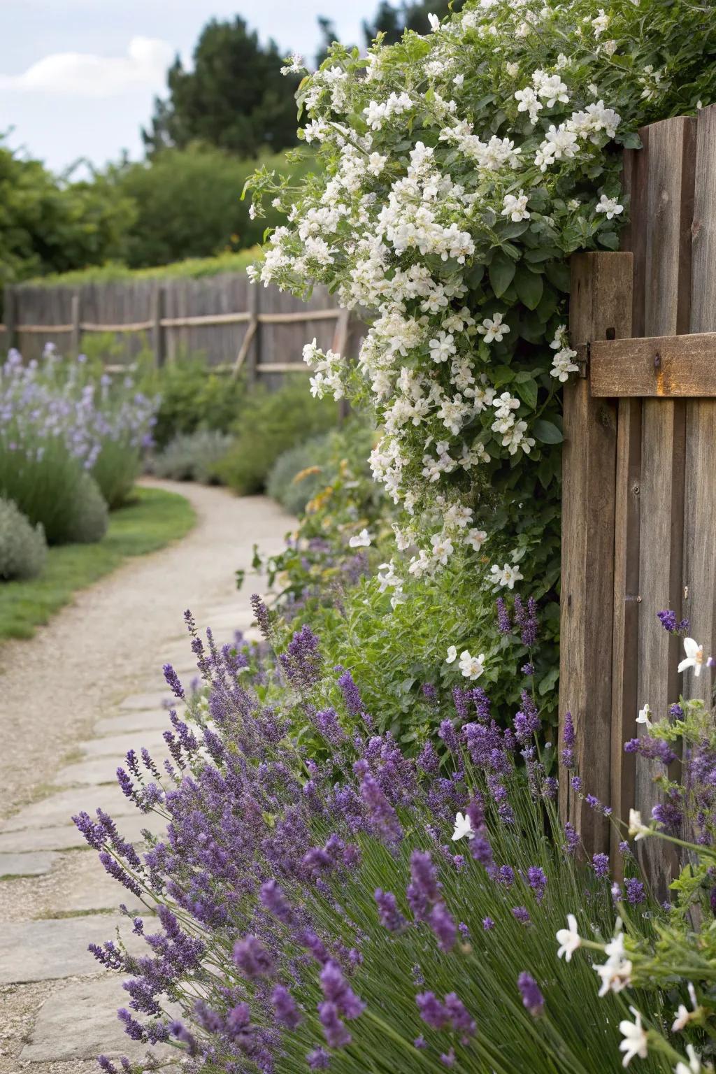 A fragrant garden corner with lavender and jasmine.