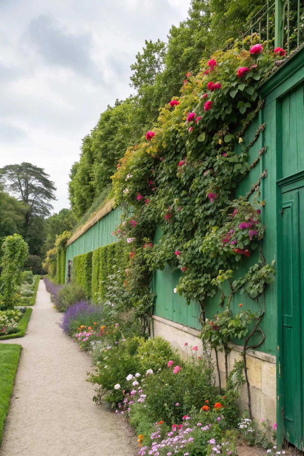 A vibrant green wall with climbing plants and flowers.
