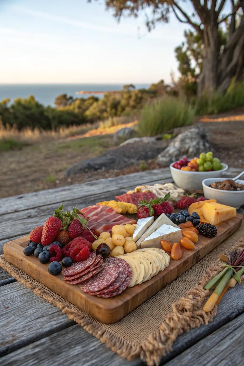 A tempting charcuterie board perfect for sharing at a picnic.