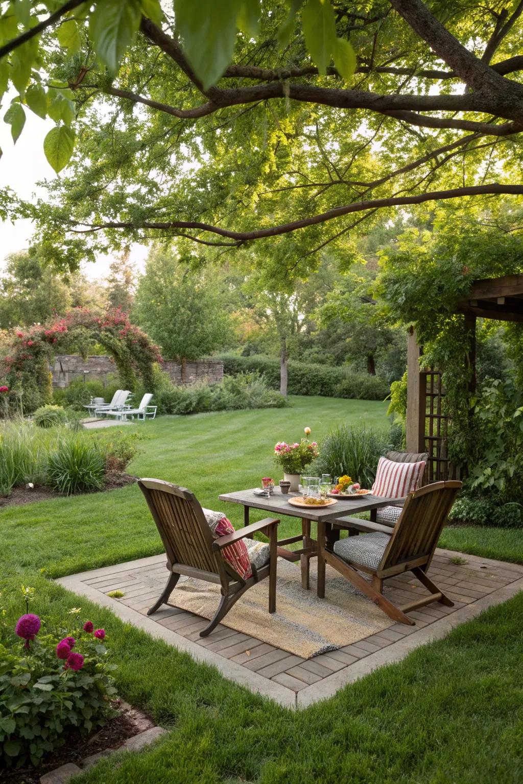 A charming backyard picnic spot surrounded by nature.
