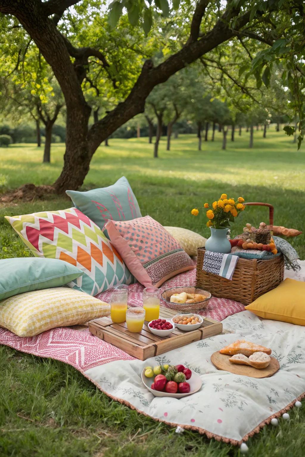 Comfortable seating with pillows and throws for a cozy picnic.