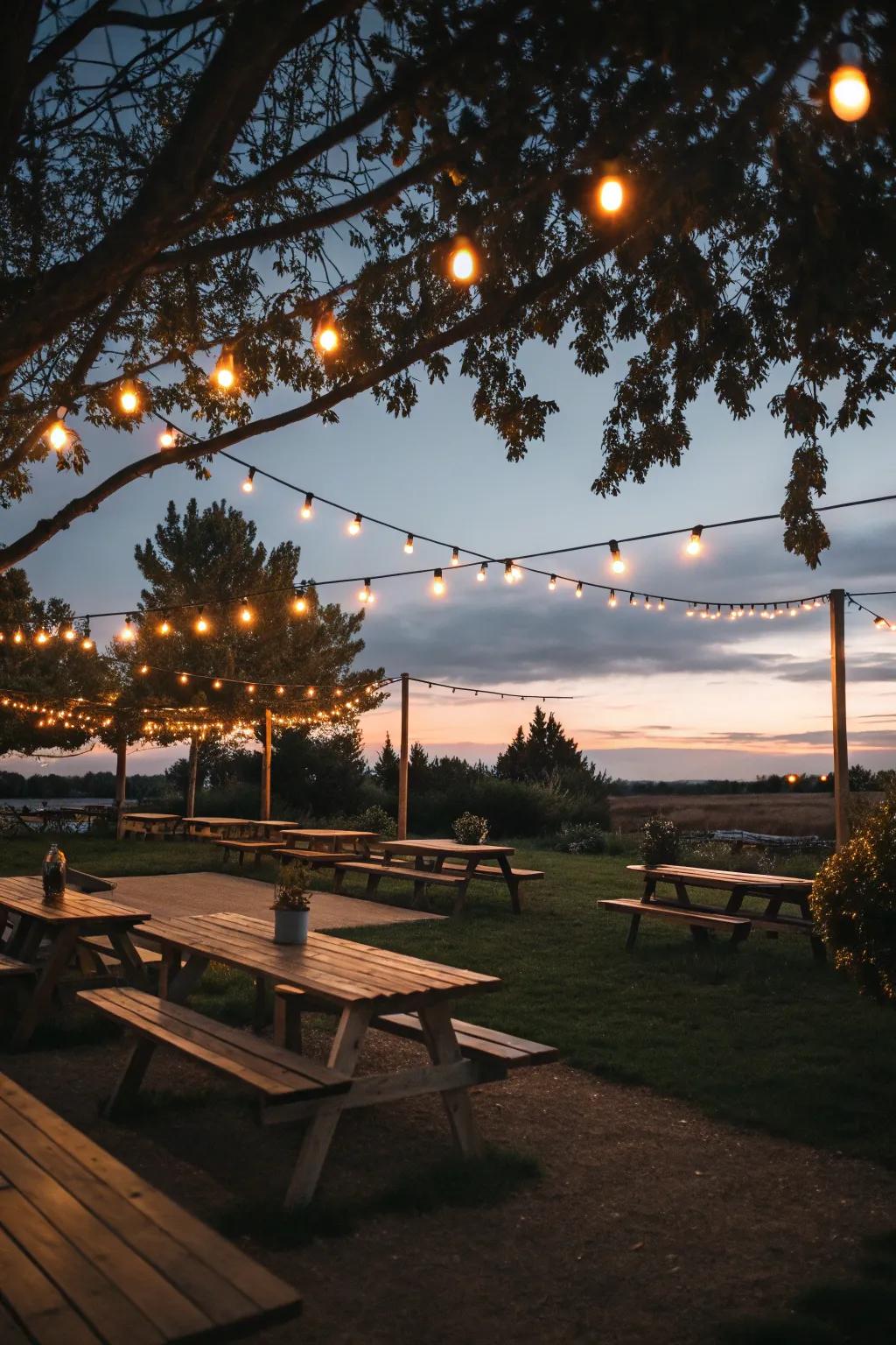 Soft lighting enhances the evening picnic atmosphere.