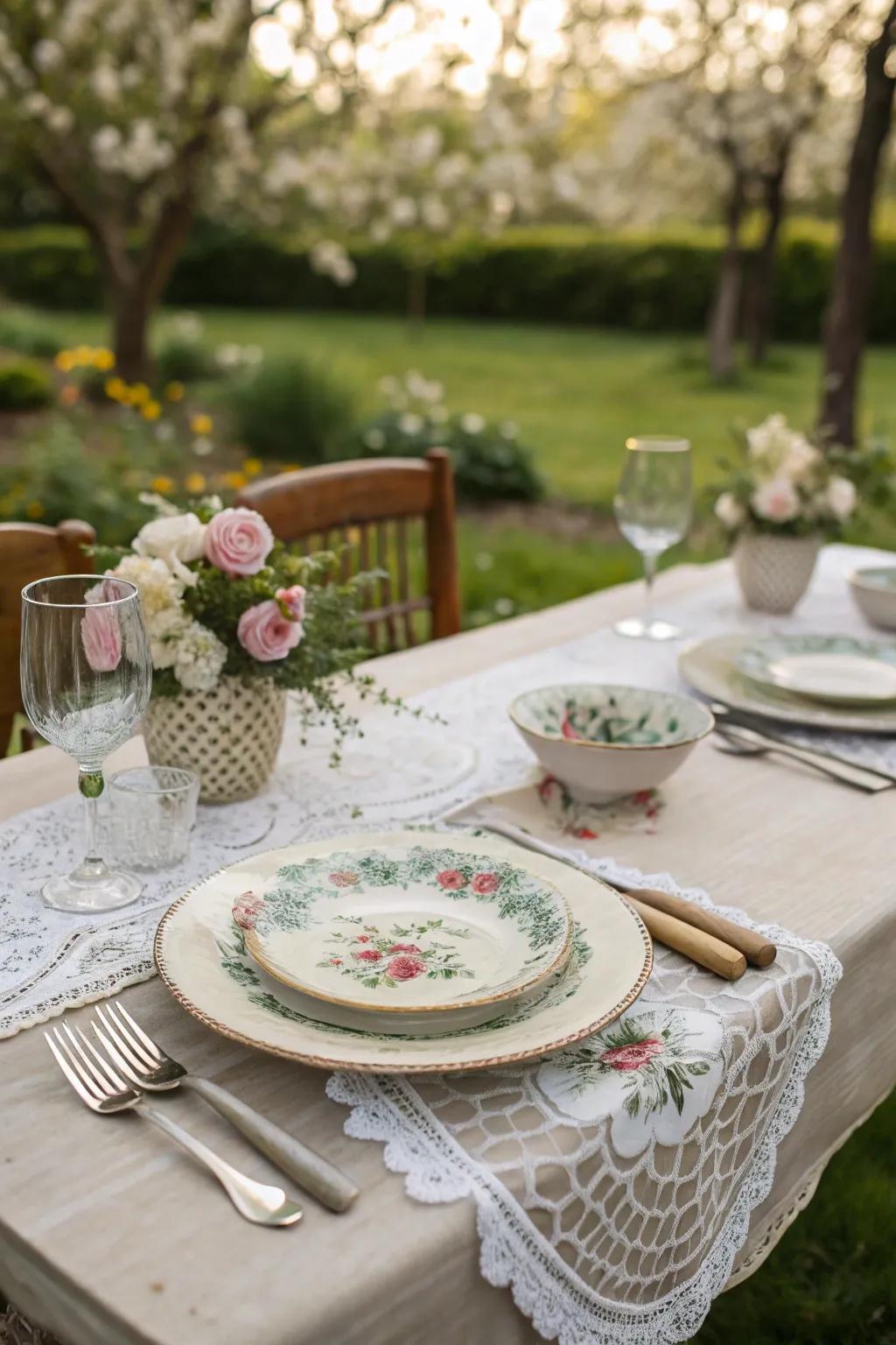An elegant dining setup with vintage tableware.
