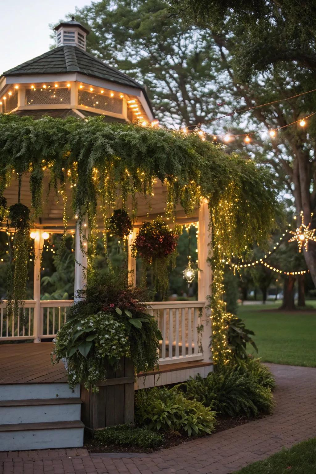 Hanging plants and lights add charm and whimsy.