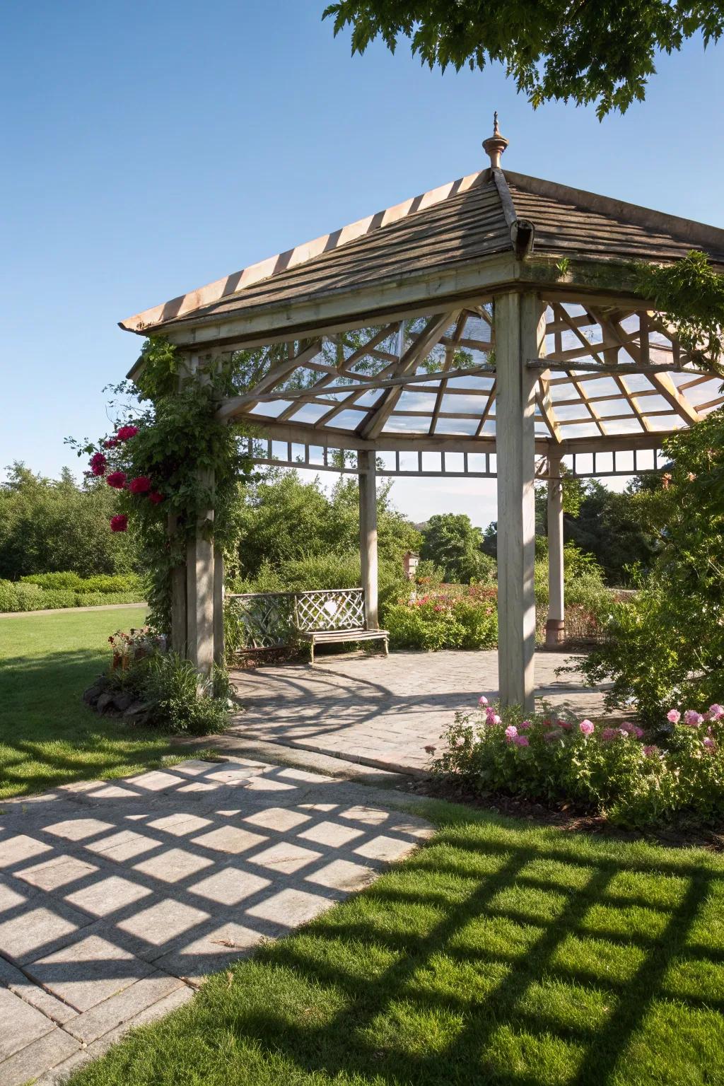 Pergola elements create an airy, open atmosphere.