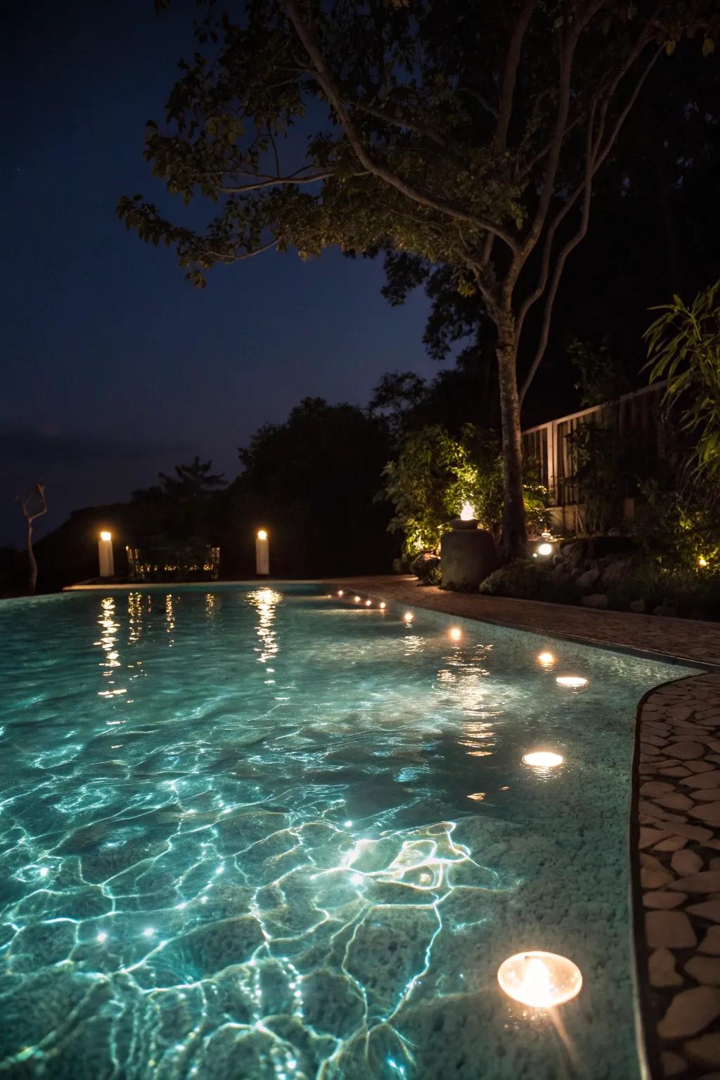Underwater lighting transforms your pool into a nighttime oasis.