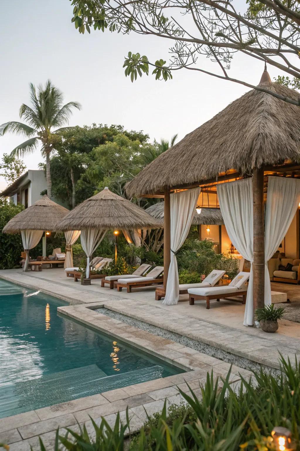 Thatch structures offer shade and a tropical vibe.