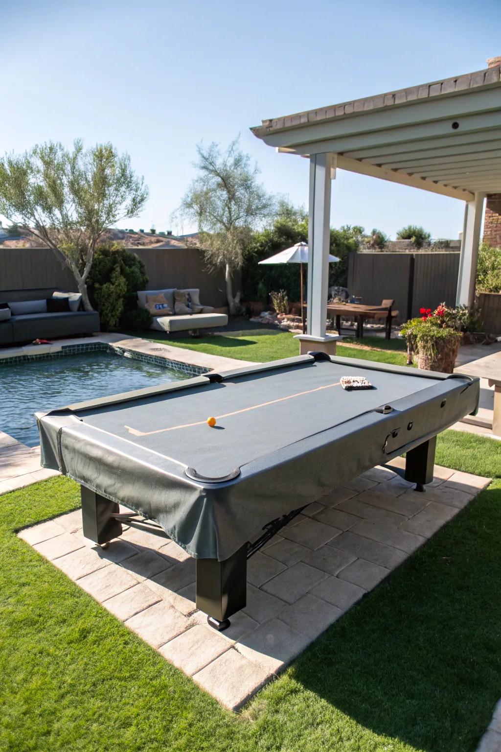 A weatherproof pool table ensures year-round enjoyment.