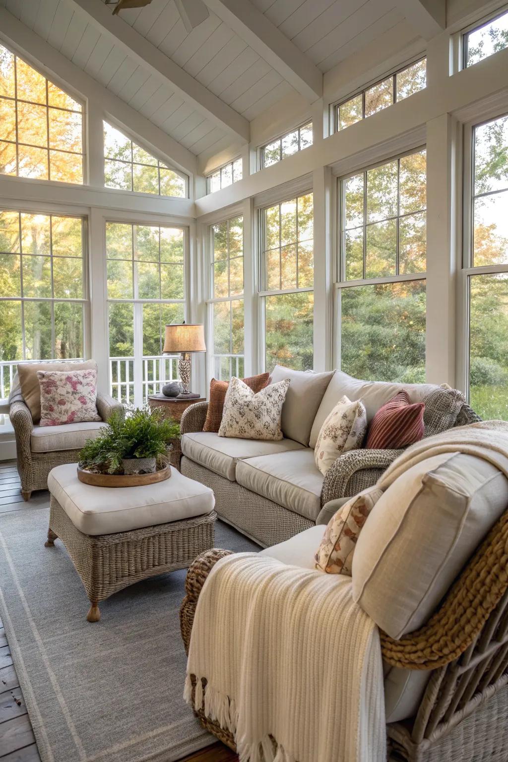 A cozy seating area on a three-season porch, perfect for relaxation and conversation.