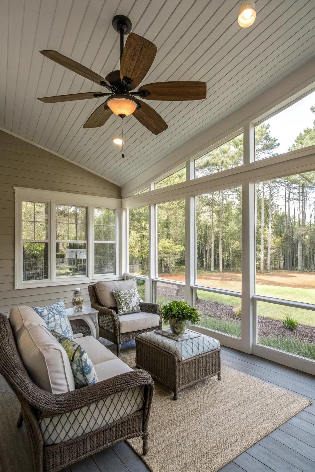 A sleek ceiling fan adds both comfort and style to this airy three-season porch.