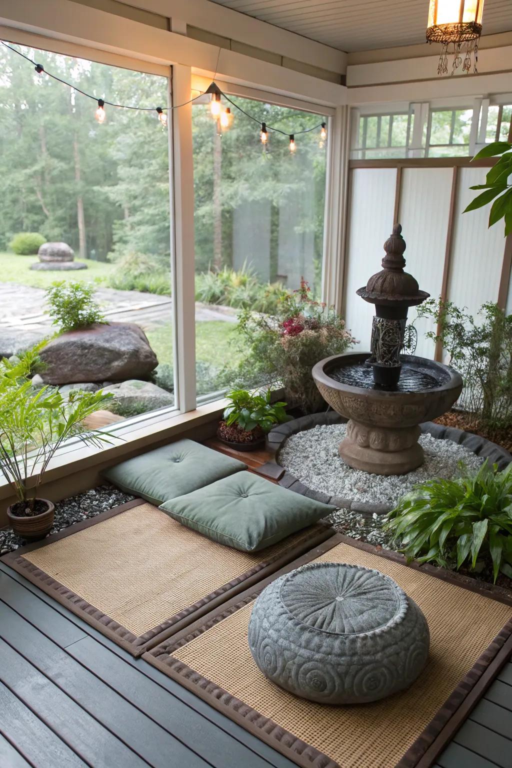 A Zen corner with cushions and a fountain creates a serene retreat on this porch.