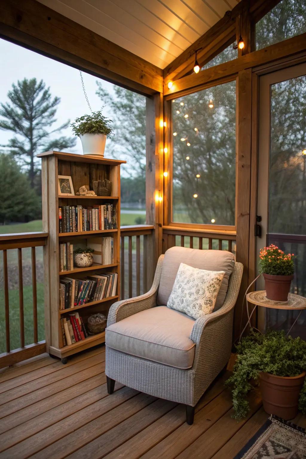 A cozy reading nook beckons book lovers for a peaceful retreat on this porch.