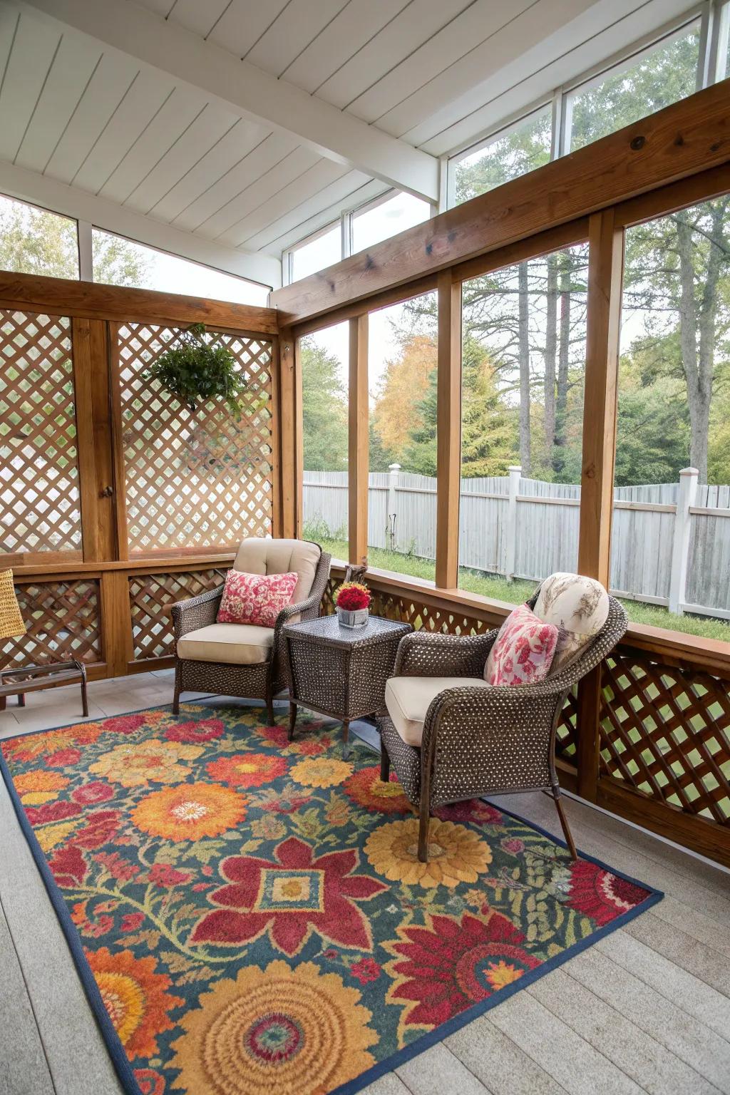 A colorful rug adds warmth and style, tying together the decor of this three-season porch.