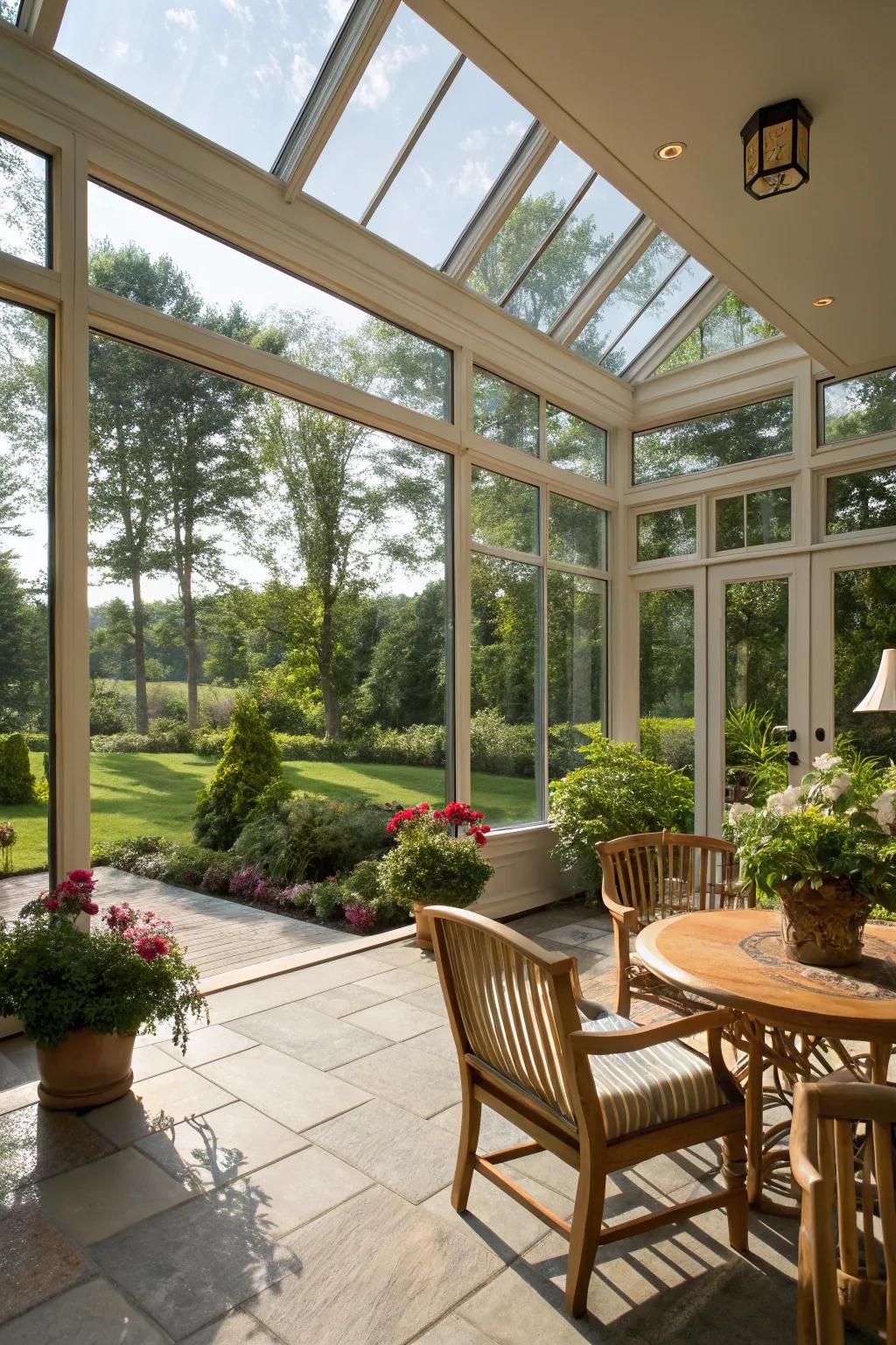 Sunlight pours into a bright three-season porch, offering a seamless view of nature.