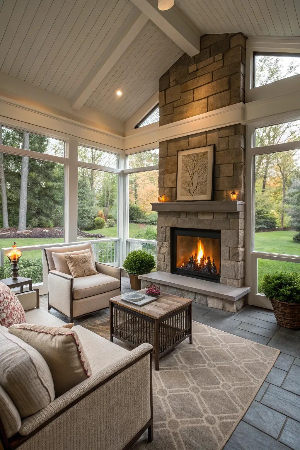 A modern fireplace enhances the cozy ambiance of this three-season porch.