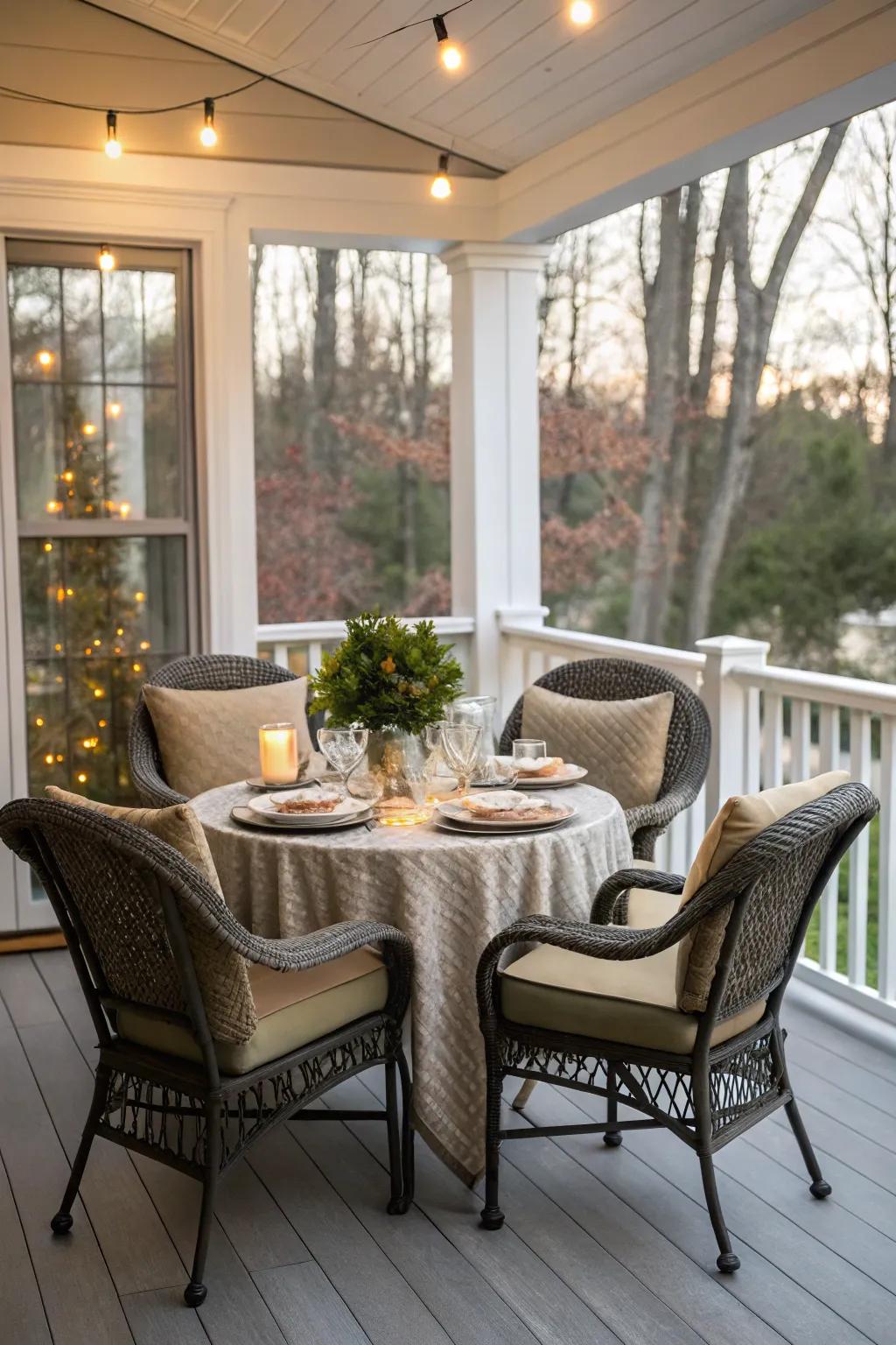 A cozy dining nook on this three-season porch, inviting for meals and gatherings.