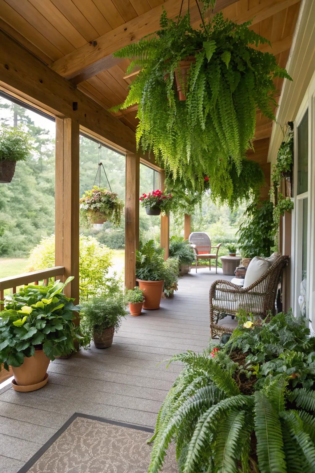 Lush greenery breathes life into this three-season porch, making it a refreshing retreat.