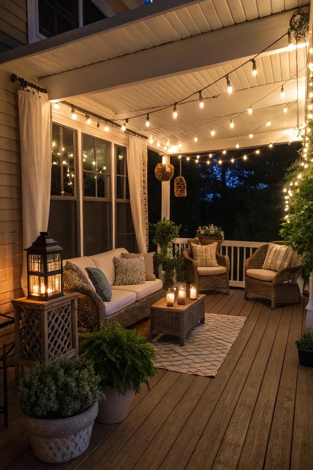 String lights and lanterns add a magical, cozy glow to this porch.
