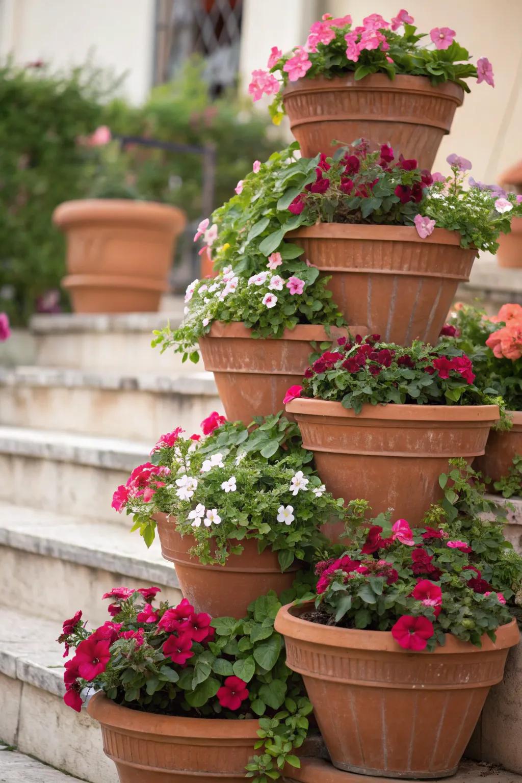 A tiered terracotta pot arrangement creating a lush and layered garden look.