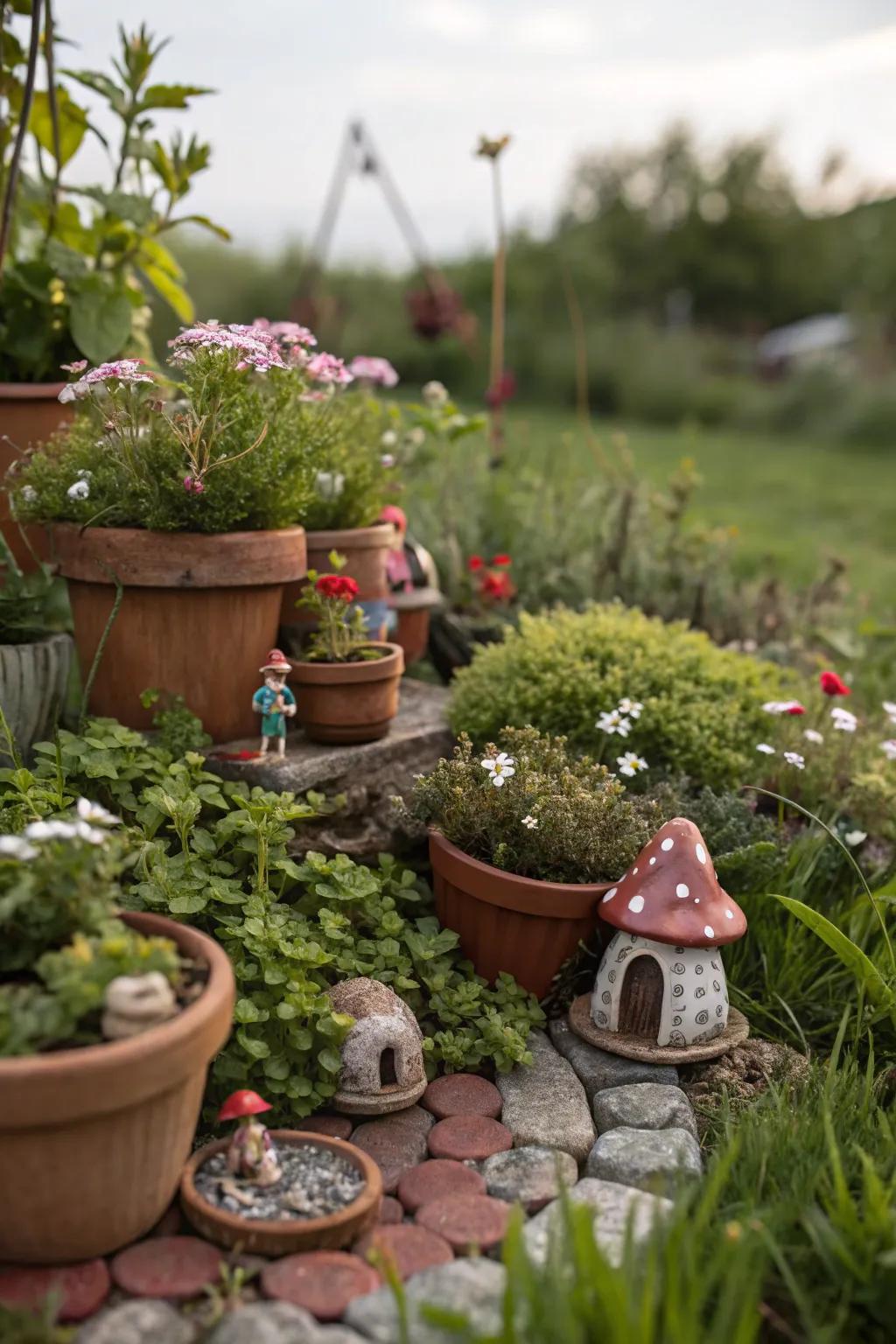A magical fairy garden crafted with terracotta pots and charming figurines.