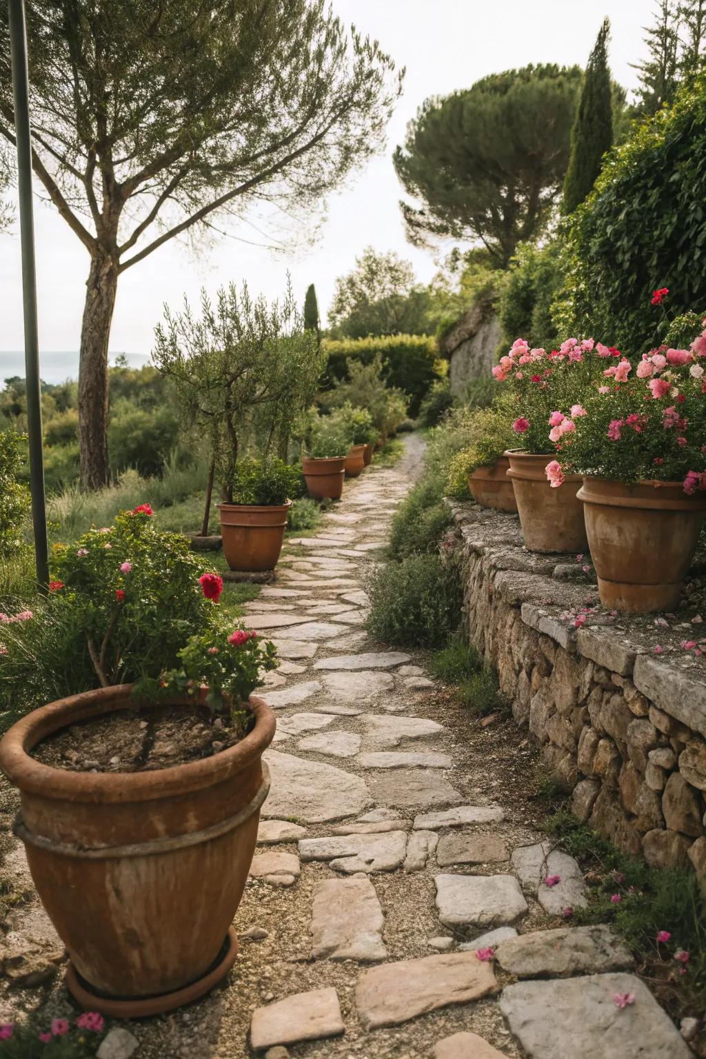 A rustic garden path enhanced by terracotta and natural stone elements.