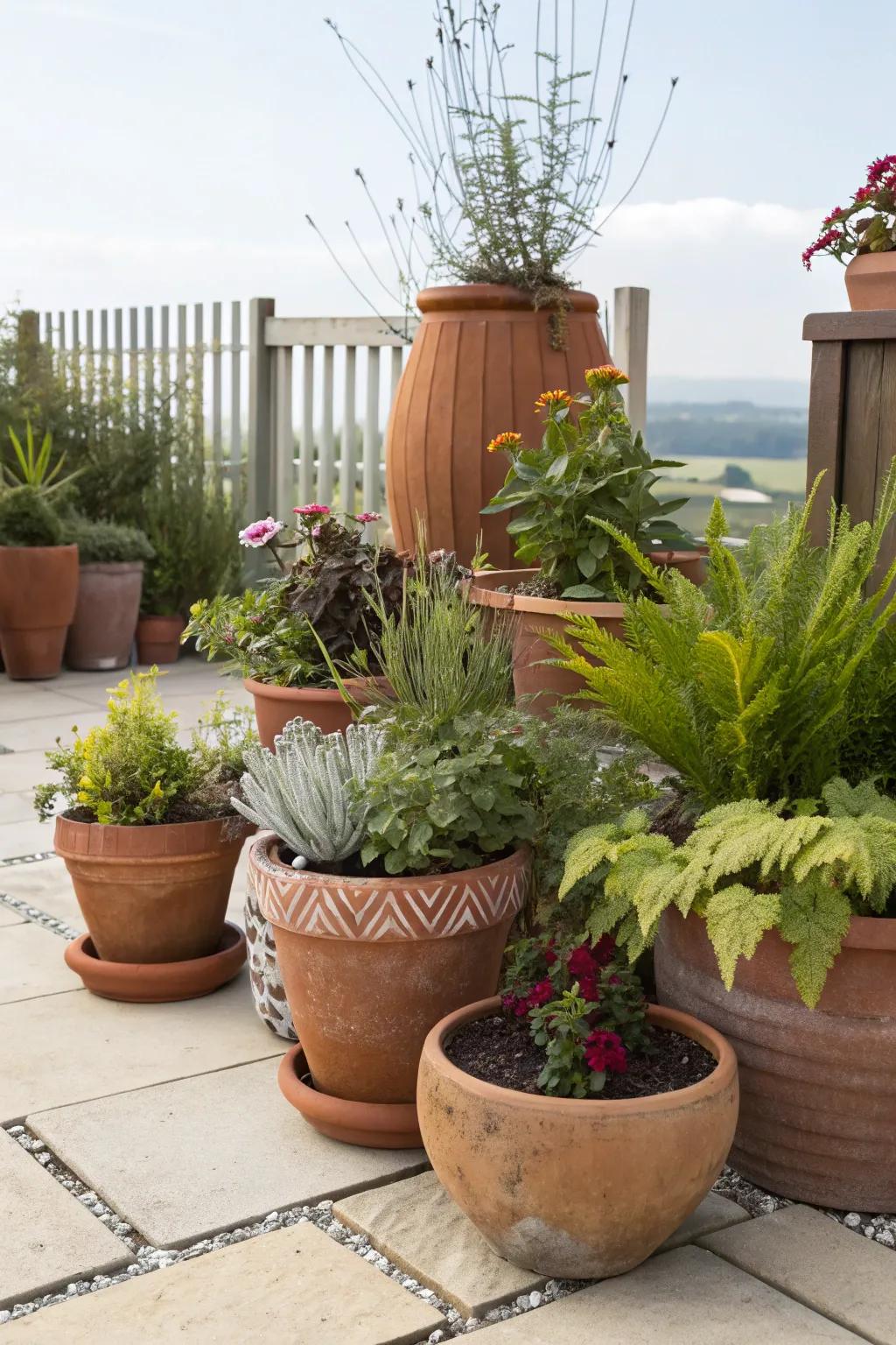An eclectic mix of terracotta pots creating a visually captivating garden display.