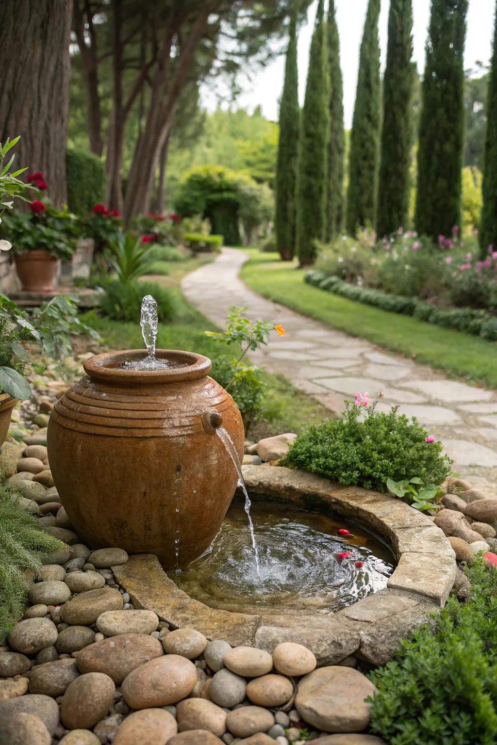 A serene terracotta water feature adding tranquility to the garden.