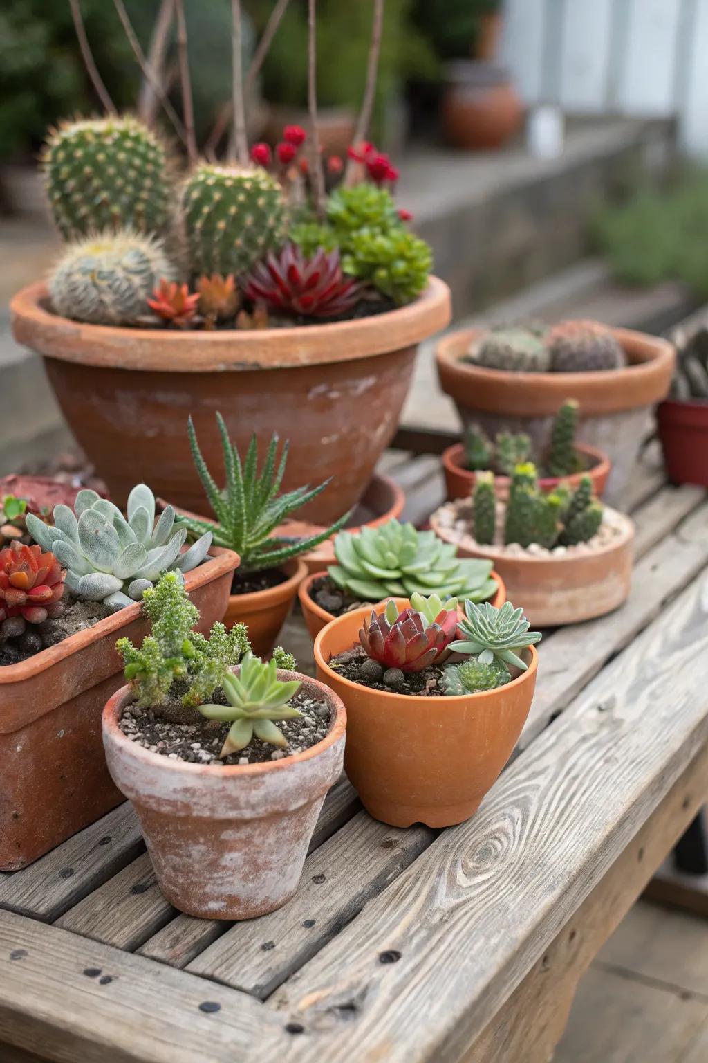 Succulents and cacti thriving in terracotta pots, creating a desert-inspired oasis.