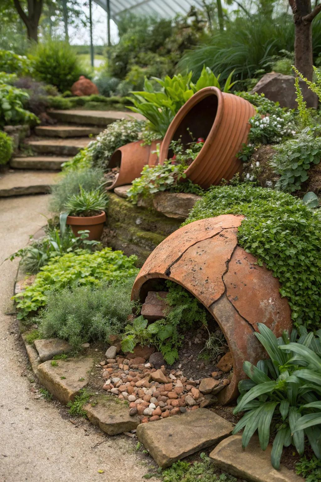 An artistic use of broken terracotta pots creating a dynamic garden feature.