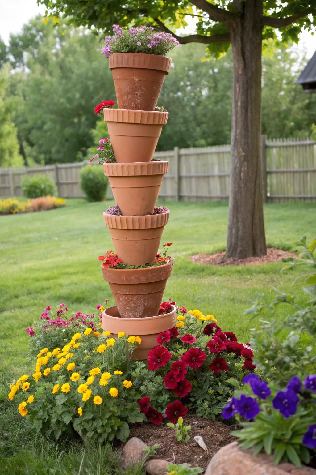 A striking terracotta pot totem serving as a garden focal point.
