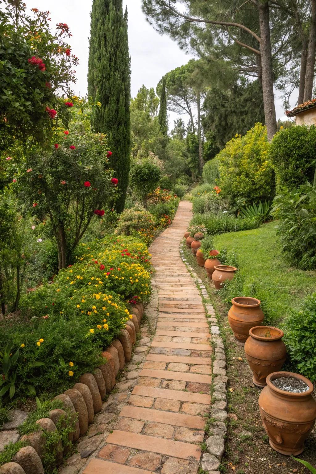 Terracotta pieces beautifully lining a garden pathway.