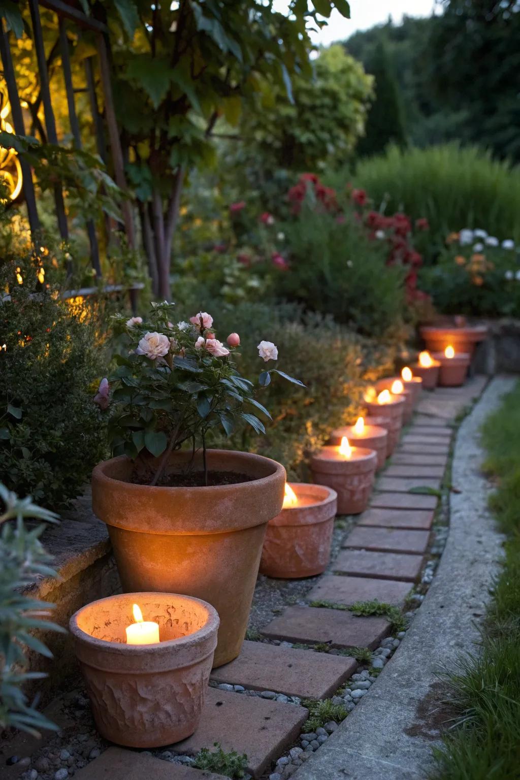 Terracotta pots casting a warm, inviting glow in the garden at night.