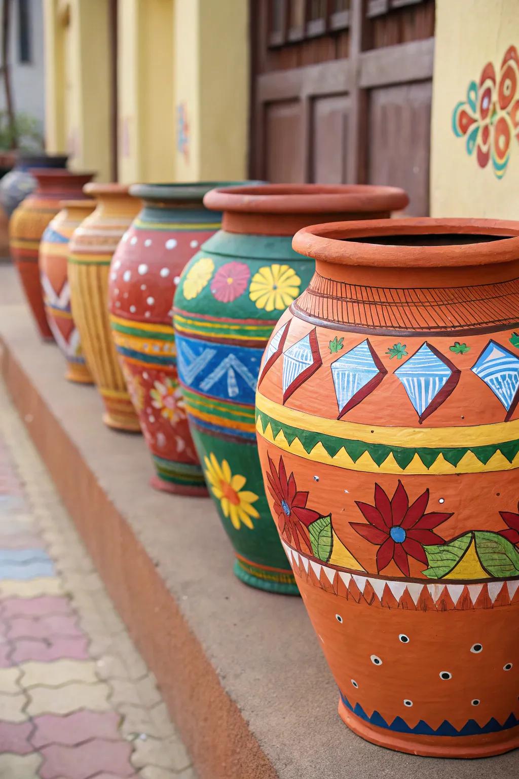 Colorful, hand-painted terracotta pots adding a personal touch to the garden.
