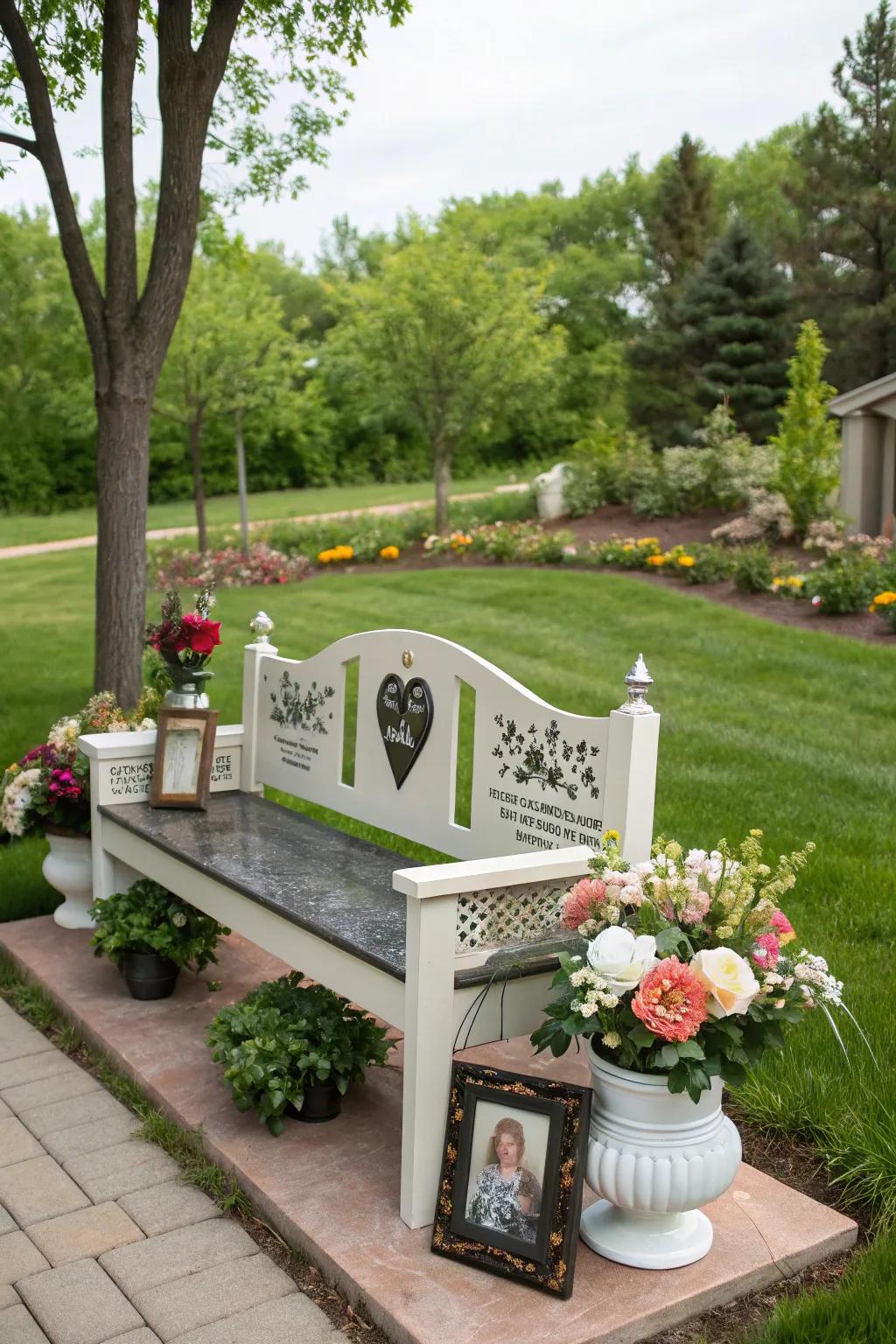 A themed memorial bench adorned with decorative elements in a backyard.