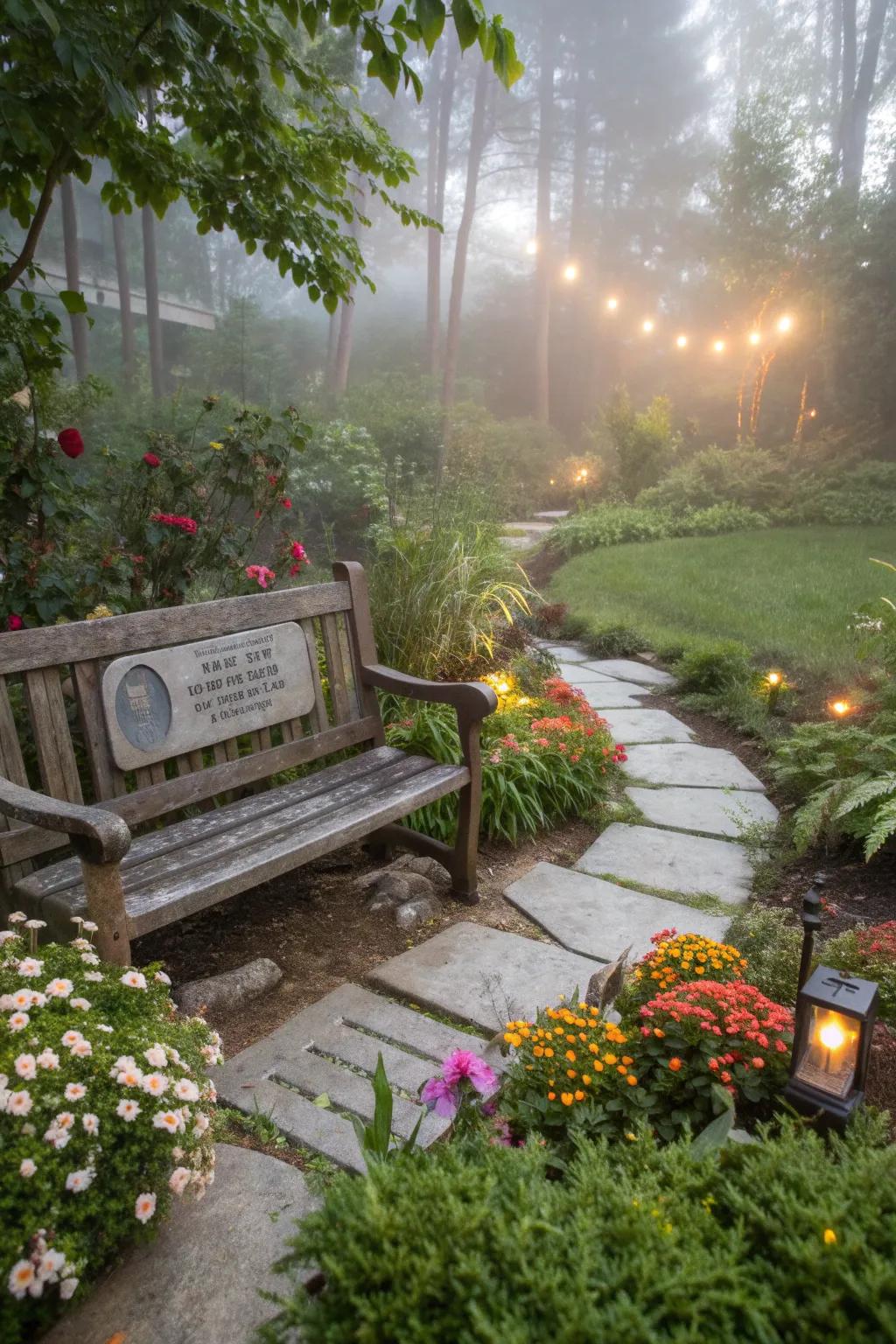 A memorial bench nestled in a cozy corner surrounded by lush greenery.