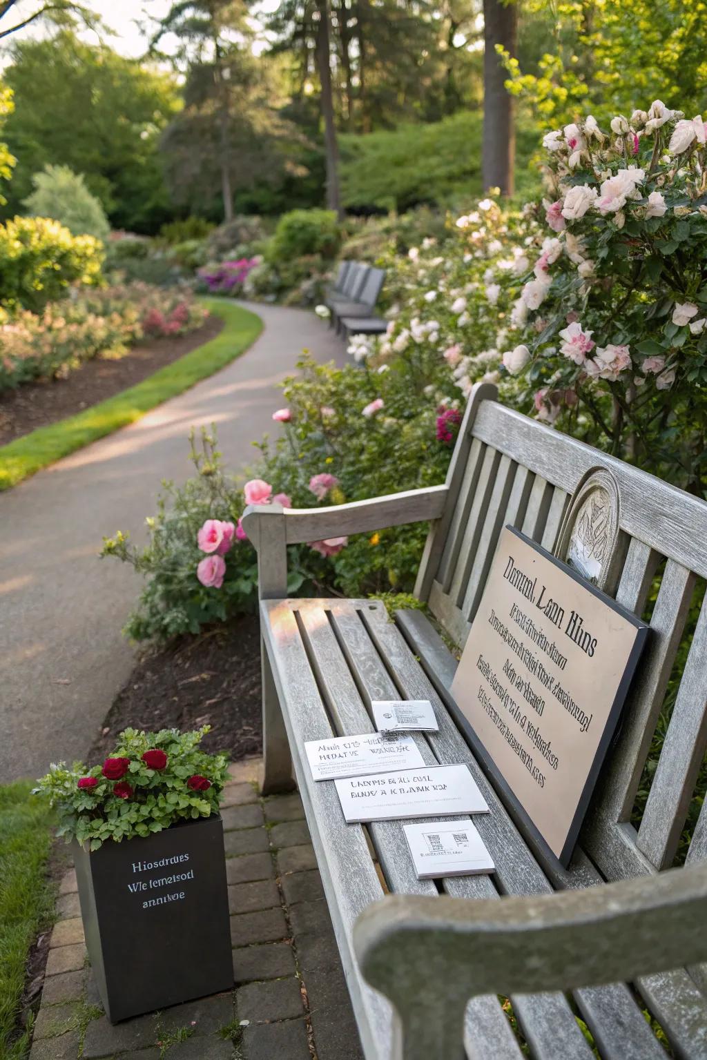A memorial bench featuring an interactive element for sharing memories.