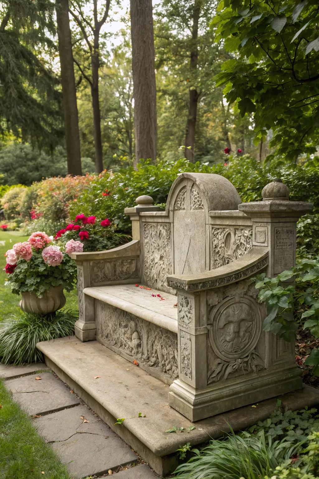 A beautifully carved stone memorial bench serving as a garden centerpiece.